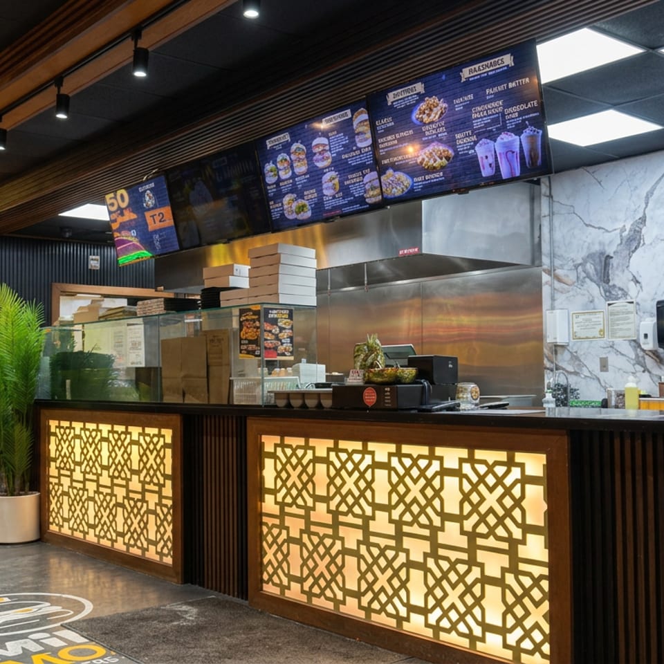 Modern burger restaurant counter with illuminated geometric panels, digital menu boards, ordering kiosk, and “Topped Just the Way You Like” wall sign.