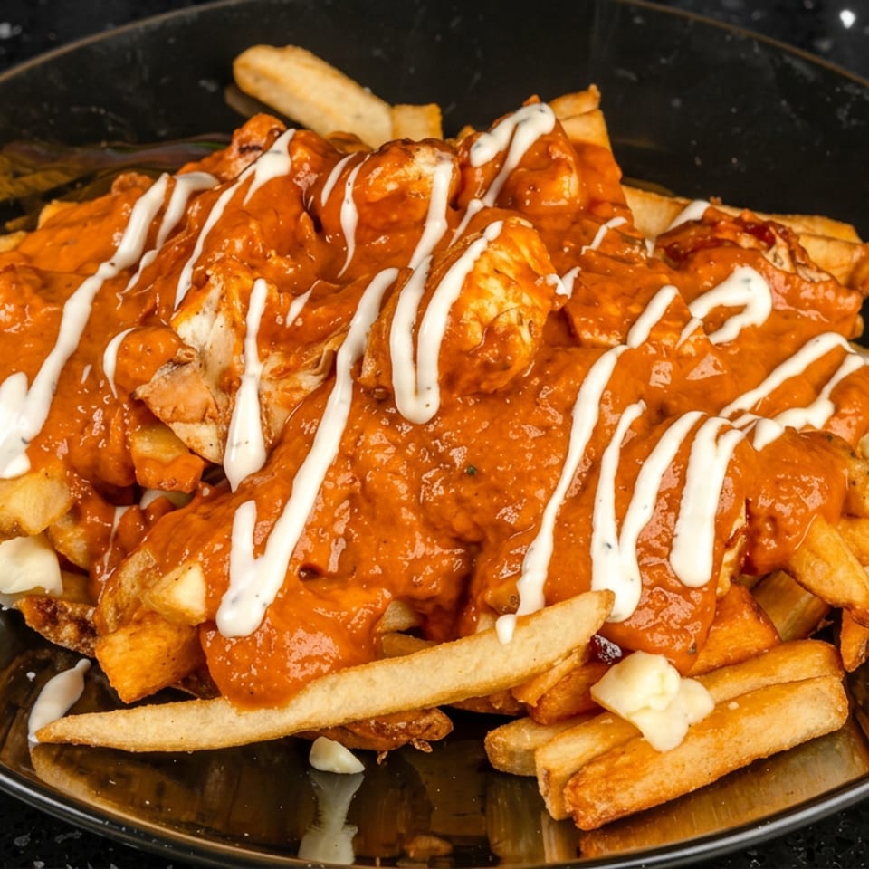 Loaded fries topped with orange sauce, white garlic drizzle, and chunks of grilled chicken on a black plate.