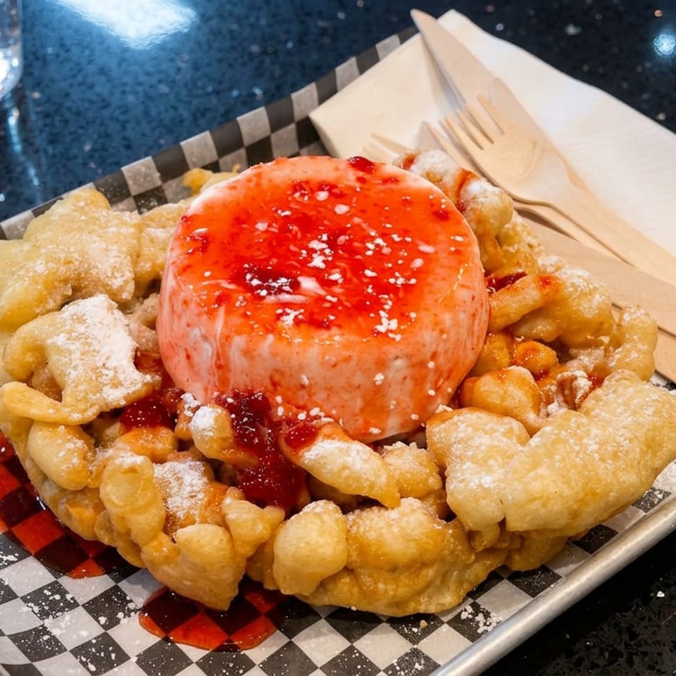 Fried dough pieces surround a powdered sugar-dusted dessert topped with bright red sauce on a checkered tray.