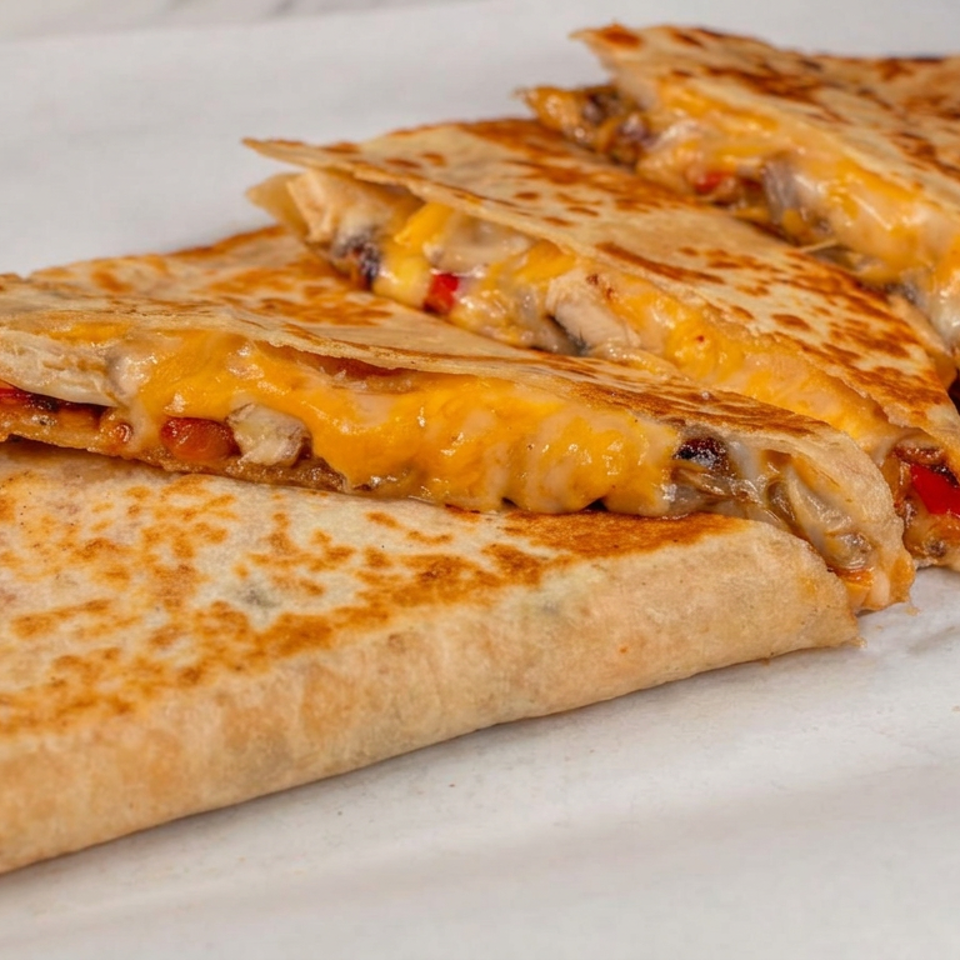 Golden-brown quesadilla wedges filled with melted cheese, mushrooms, and red peppers stacked on white paper.