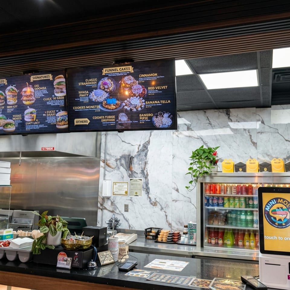 Modern restaurant counter with digital menus, pizza boxes, drinks, packaged foods, plants, and a self-ordering touchscreen.