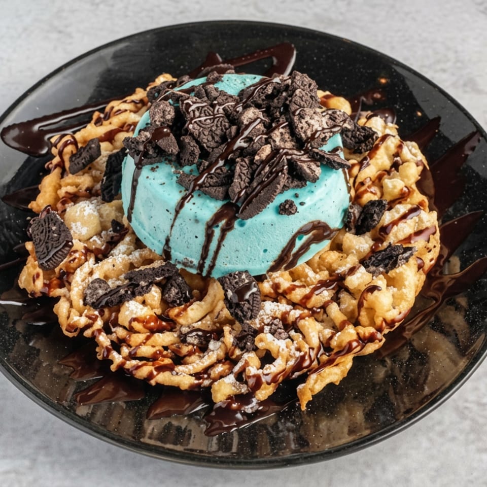 Black plate holding a blue ice cream scoop atop fried waffle pieces, crushed chocolate cookies, powdered sugar, and chocolate drizzle.