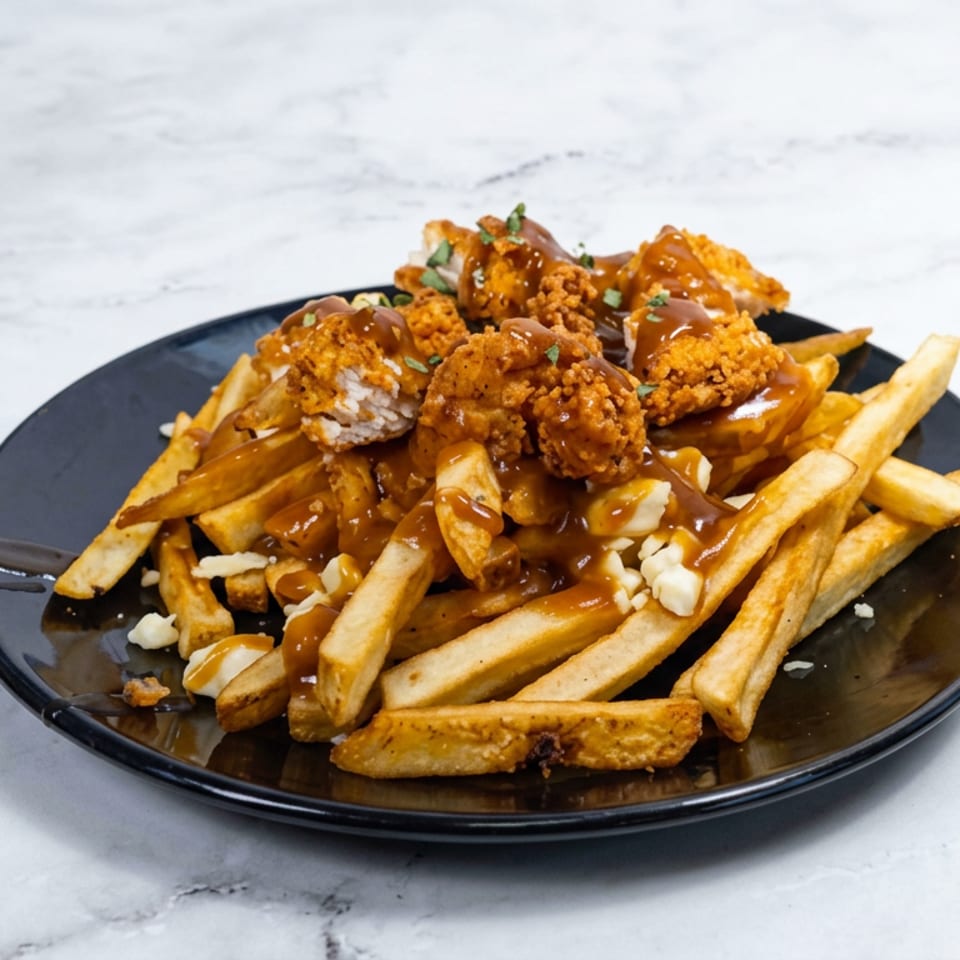 Loaded fries topped with crispy fried chicken, gravy, cheese curds, and herbs on a black plate.