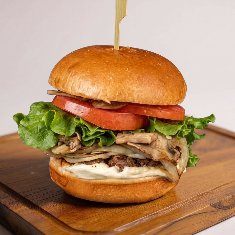 Gourmet burger with lettuce, tomato, mushrooms, onions, and creamy sauce on a wooden serving board.