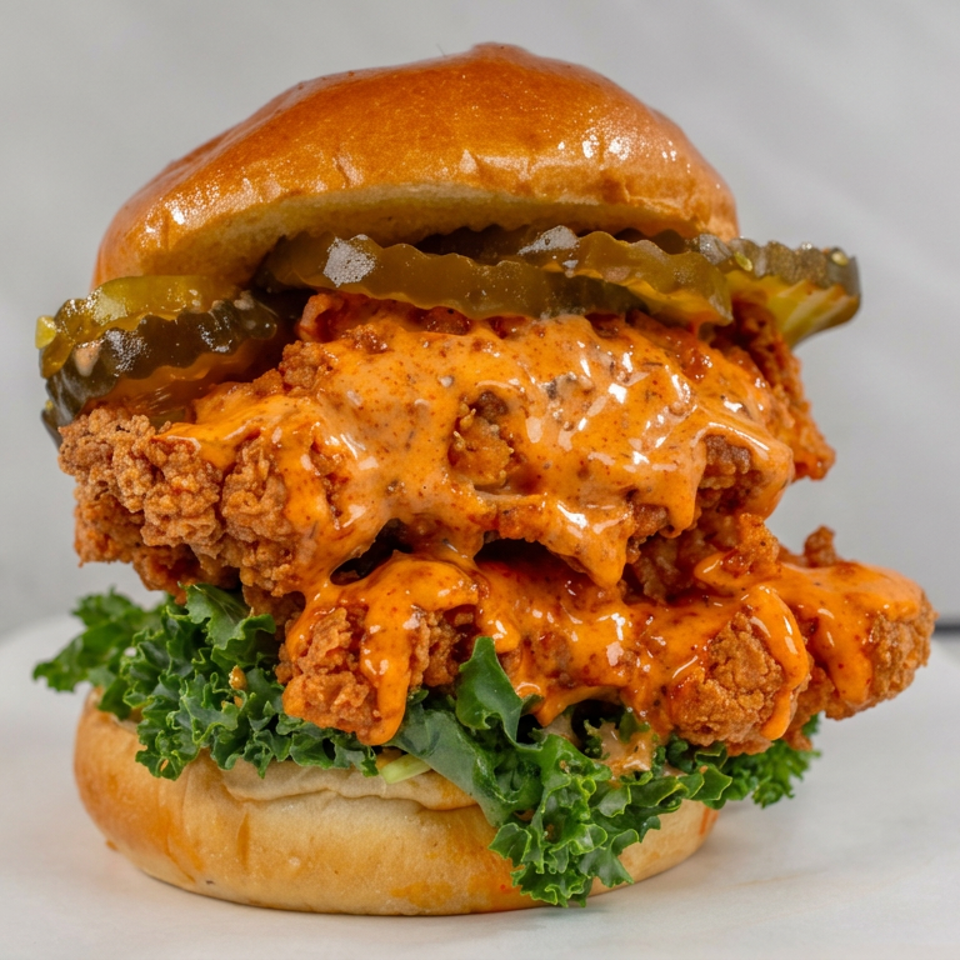 Crispy double fried chicken sandwich with spicy orange sauce, pickles, and curly lettuce on a glossy bun.